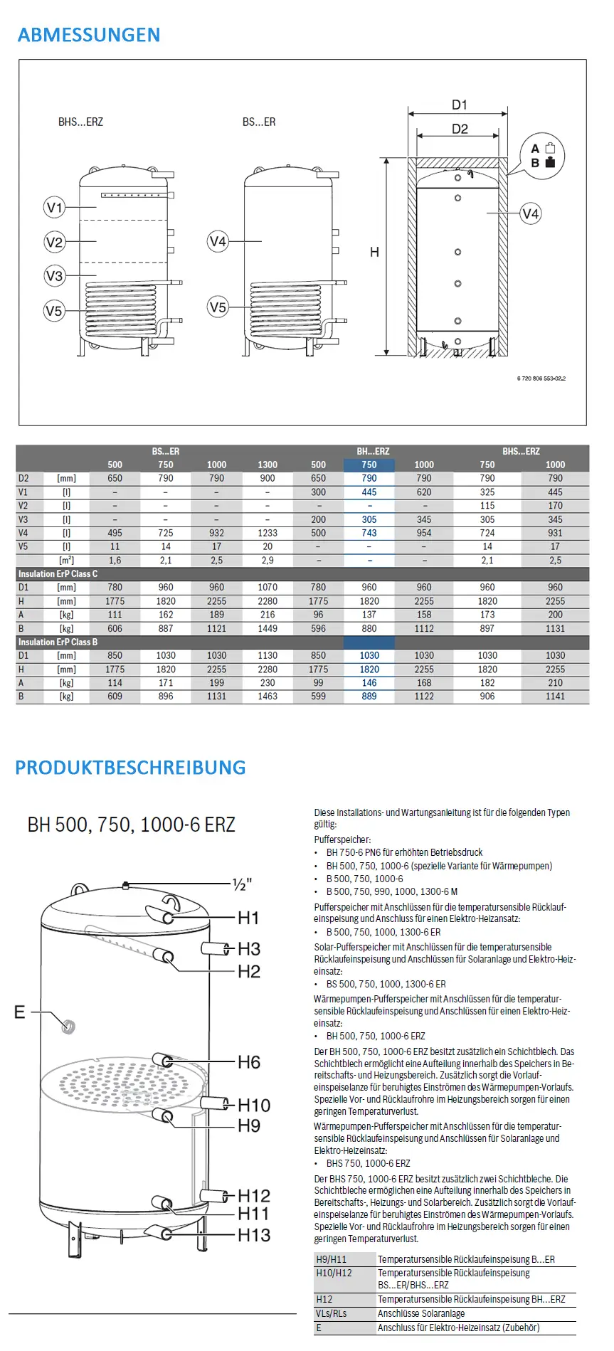 Darstellung eines vertikalen Pufferspeichers von Bosch mit Anschlüssen für temperarursensible Rücklaufleitungen und weiteren technischen Spezifikationen.